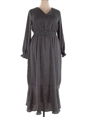 Black Patterned Long Sleeve Maxi Dress with Elastic Waist